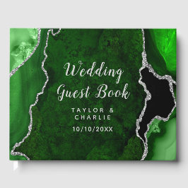 Groene en Zilveren Agaat Marmeren Bruiloft Gastenboek