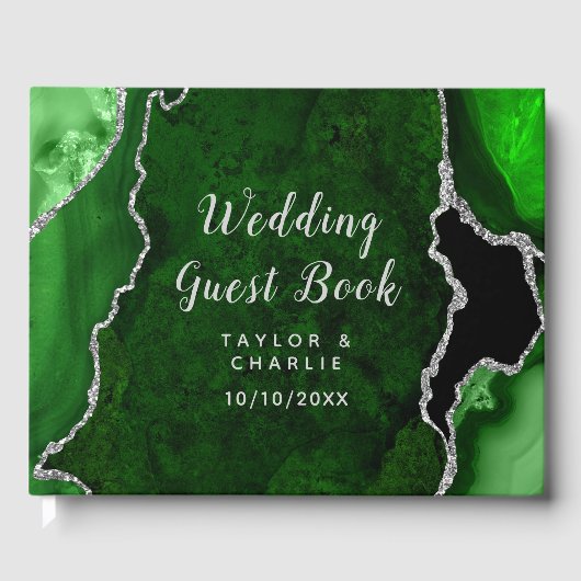 Groene en Zilveren Agaat Marmeren Bruiloft Gastenboek (Voorkant)
