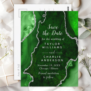 Groene en zilveren agaatmarmeren Save The Date Briefkaart