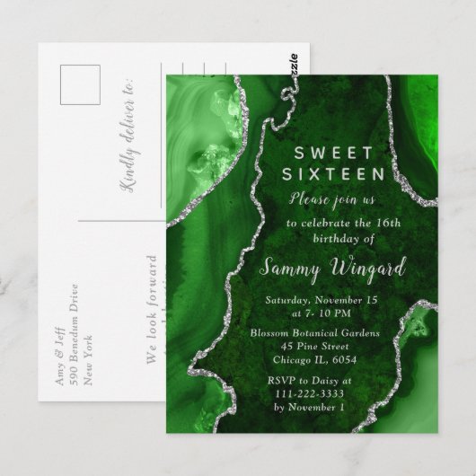 Groene en zilveren agaatmarmeren Sweet Sixteen Briefkaart (Voorkant / Achterkant)