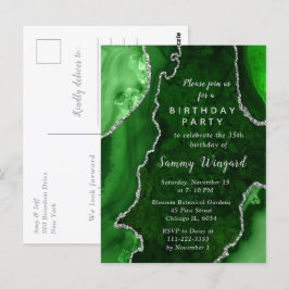 Groene en zilveren agaatmarmeren verjaardagsfeestj briefkaart