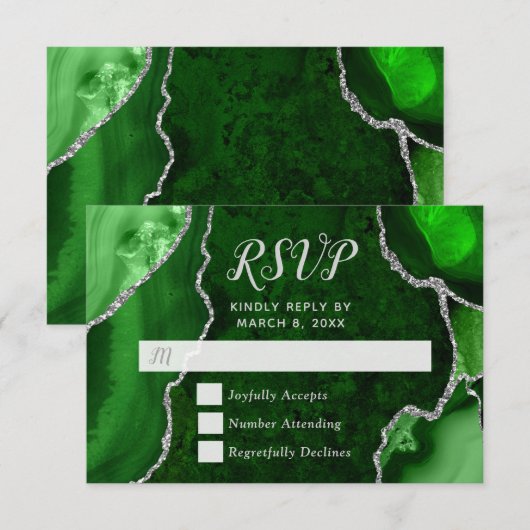 Groene en Zilveren Agate Knikker RSVP Kaartje (Voorkant / Achterkant)