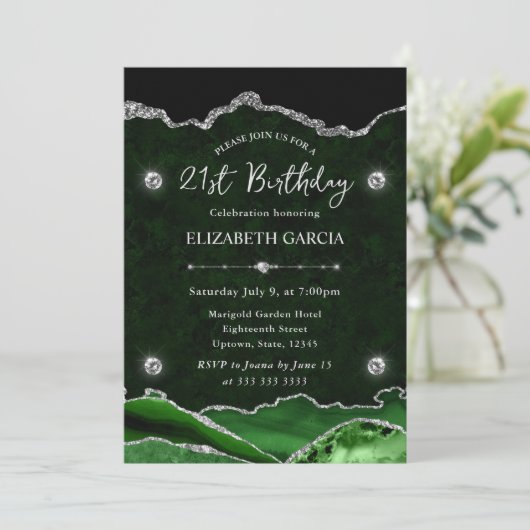Groene en Zilveren Glitter Agaat 21e Verjaardag Kaart (Staand voorkant)