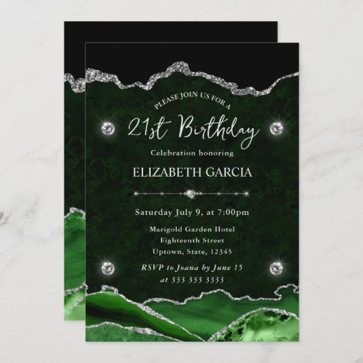 Groene en Zilveren Glitter Agaat 21e Verjaardag Kaart (Voorkant / Achterkant)