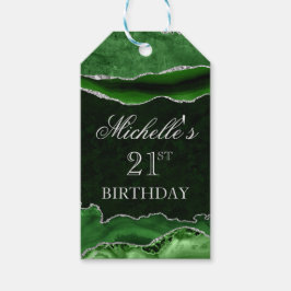 Groene en zilveren glittersparelmoer verjaardag cadeaulabel
