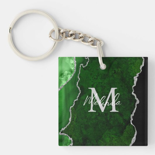 Groene en Zilveren Marmeren Agaat Sleutelhanger (Voorkant)