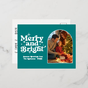Groene en zilveren Merry & Bright Retro Kerstmis Folie Feestdagen Briefkaart