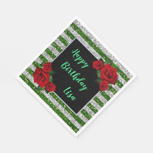 Groene en Zilverige streep rode rozen van zaterdag Servet (Hoek)