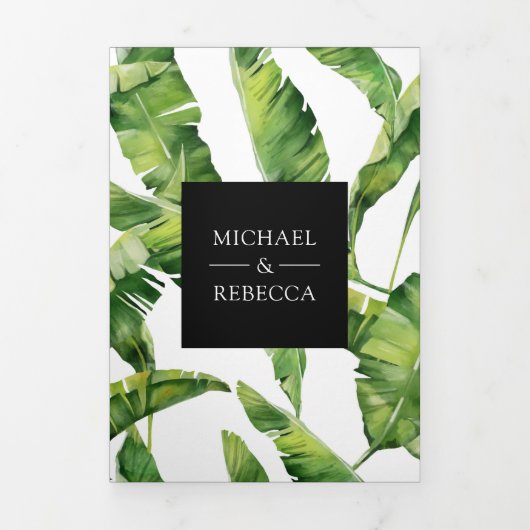 Groene en zwarte banaan bladeren tropische bruilof drieluik uitnodiging (Cover)