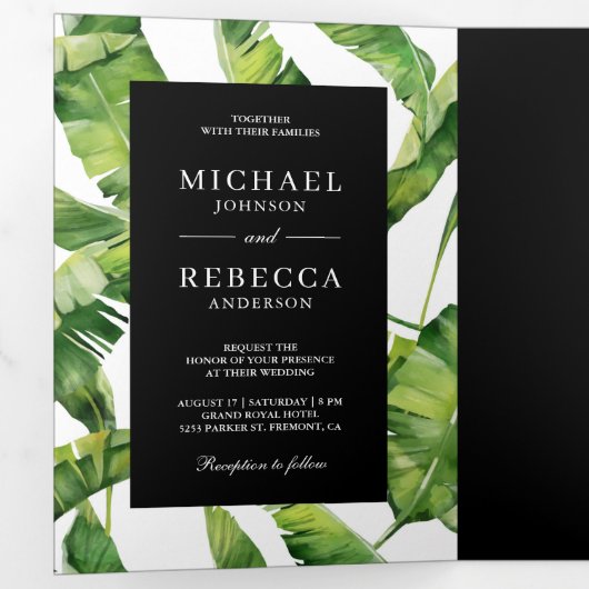 Groene en zwarte banaan bladeren tropische bruilof drieluik uitnodiging (Binnenzijde eerst)