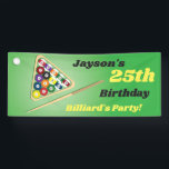 Groene en zwarte Billiardgroep Spandoek<br><div class="desc">Deze geweldige banner is geweldig voor een verjaardagsfeestje,  een vrijgezellenfeest of een soort feest of evenement. Het ontwerp is van een pooltafel met richtsnoerballen,  richtsnoerstok en poollijst.</div>