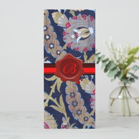 GROENE EN ZWARTE BLAUWE DAMASK, RODE WAX SEAL MONO KAART (Staand voorkant)