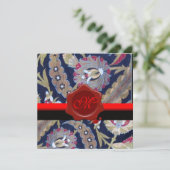GROENE EN ZWARTE BLAUWE DAMASK, RODE WAX SEAL MONO KAART (Staand voorkant)