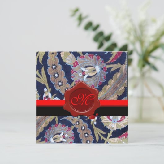 GROENE EN ZWARTE BLAUWE DAMASK, RODE WAX SEAL MONO KAART (Staand voorkant)