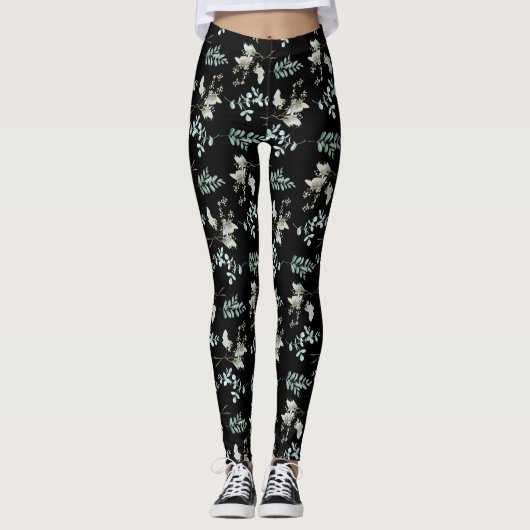 Groene en zwarte botanische bladeren leggings (Voorkant)