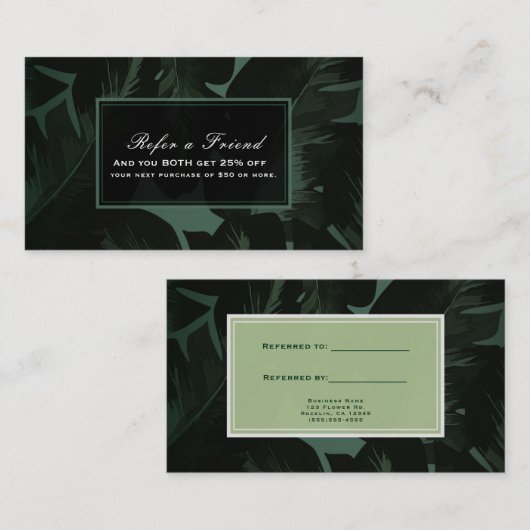 Groene en zwarte chique tropische bladeren verwijz aanbevelingskaartje (Voorkant / Achterkant)