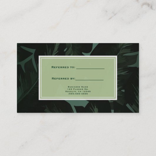 Groene en zwarte chique tropische bladeren verwijz aanbevelingskaartje (Achterkant)