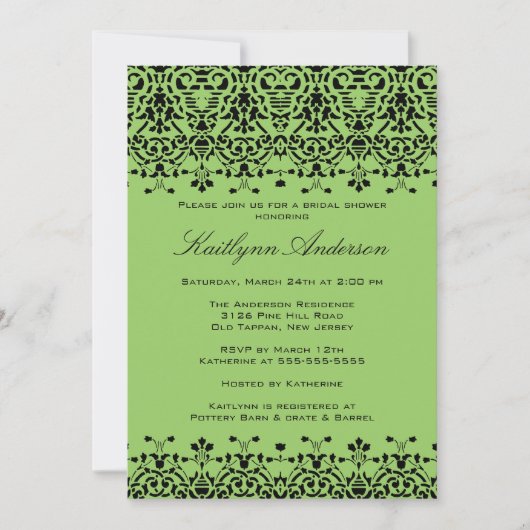 Groene en zwarte Damask Bridal Shower Invitation Kaart (Voorkant)