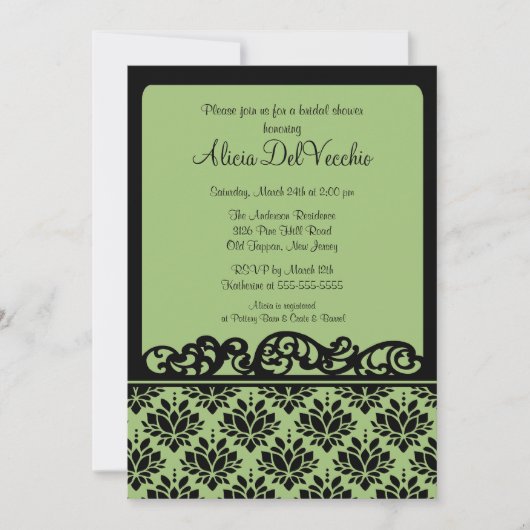 Groene en zwarte Damask Bridal Shower Invitation Kaart (Voorkant)