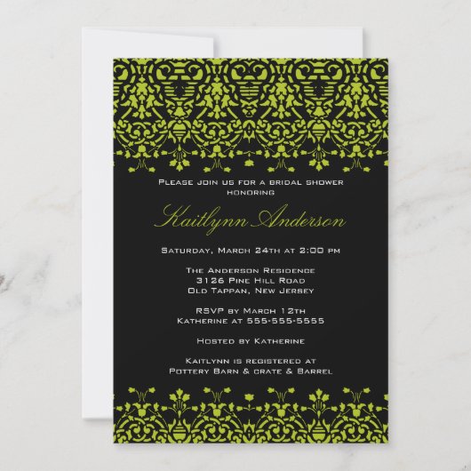 Groene en zwarte Damask Bridal Shower Invitation Kaart (Voorkant)