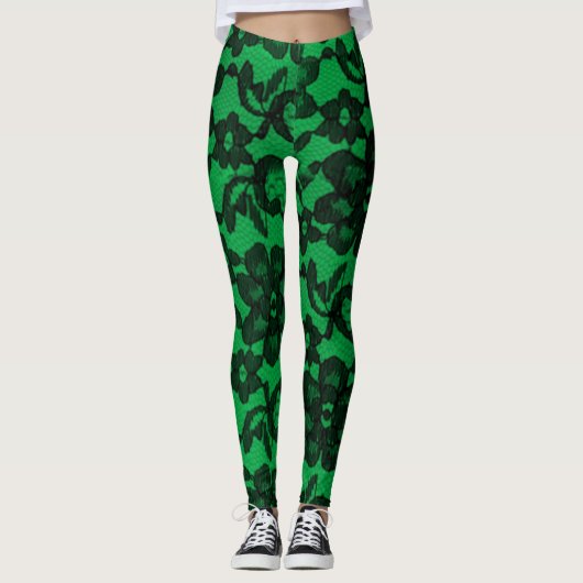 Groene en zwarte Elegant Faux Lace Spandex-Legging Leggings (Voorkant)