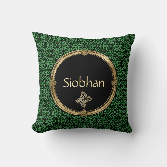 Groene en Zwarte Keltische Knot Personalised Throw Kussen (Voorkant)