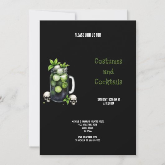 GROENE EN ZWARTE KOSTUUMS EN COCKTAILS HALLOWEEN KAART (Voorkant)