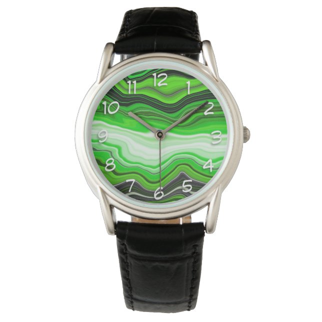Groene en zwarte marmer als Striped Fluid Art Horloge (Voorkant)