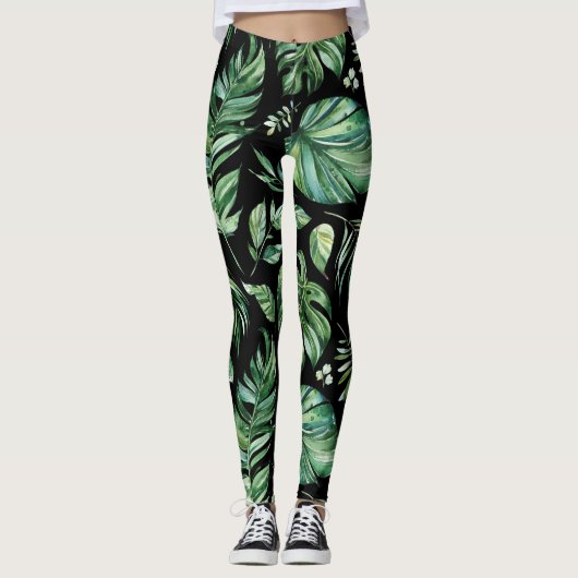 Groene en zwarte tropische Monstera Leaf Leggings (Voorkant)