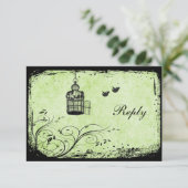 Groene en Zwarte Vogelkooi Onvolpreidelijke Liefde RSVP Kaartje (Staand voorkant)