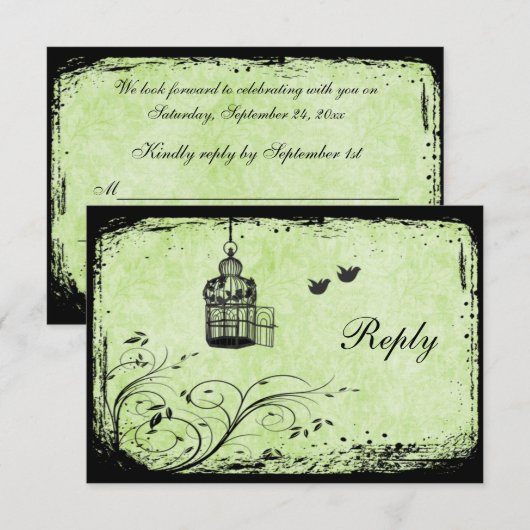 Groene en Zwarte Vogelkooi Onvolpreidelijke Liefde RSVP Kaartje (Voorkant / Achterkant)