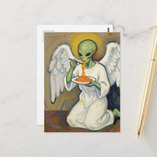 Groene Engel Alien die Spaghetti Eet Briefkaart