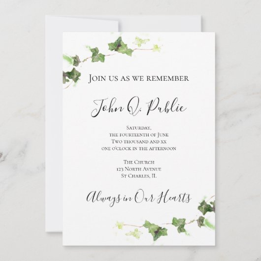 Groene Engelse Ivy Waterverf Celebration of Life Kaart (Achterkant)