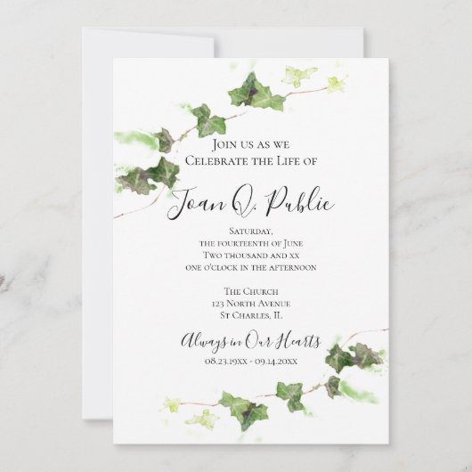 Groene Engelse Ivy Waterverf Celebration of Life Kaart (Voorkant)