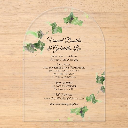 Groene Engelse klimop wijnstok waterverf bruiloft Acryl Uitnodigingen (Voorkant)