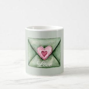 Groene envelop Roze liefdeshart Koffiemok