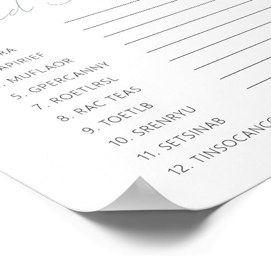 Groene Eucalyptus Baby Meisje Douche Scramble Game Poster (Hoek)