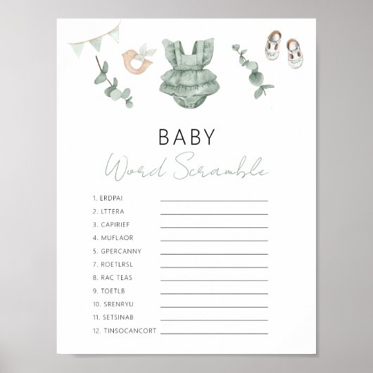 Groene Eucalyptus Baby Meisje Douche Scramble Game Poster (Voorkant)