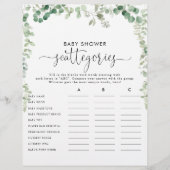Groene Eucalyptus Baby Shower Scattegories Spel (Voorkant)