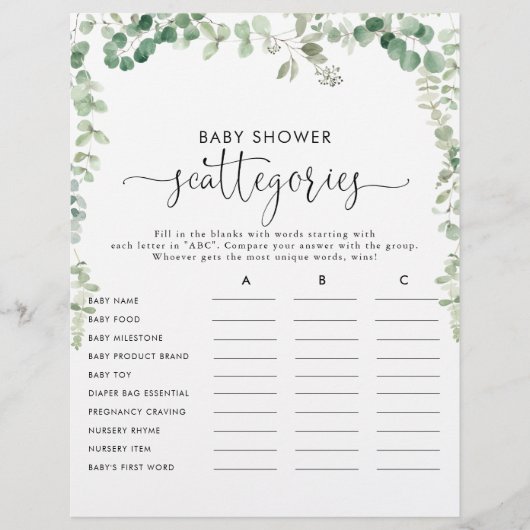 Groene Eucalyptus Baby Shower Scattegories Spel (Voorkant)
