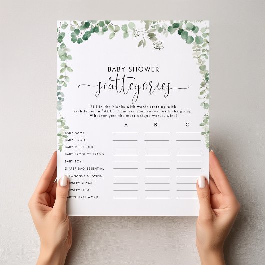 Groene Eucalyptus Baby Shower Scattegories Spel