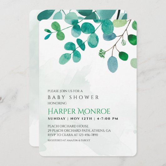 Groene Eucalyptus Baby Shower Uitnodiging (Voorkant / Achterkant)