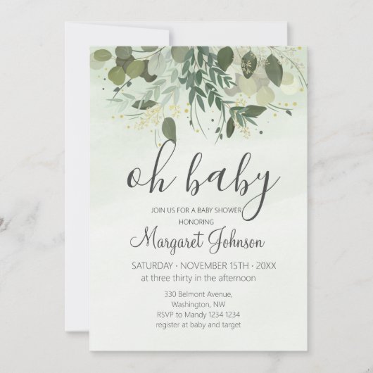 Groene Eucalyptus Baby Shower Uitnodiging (Voorkant)