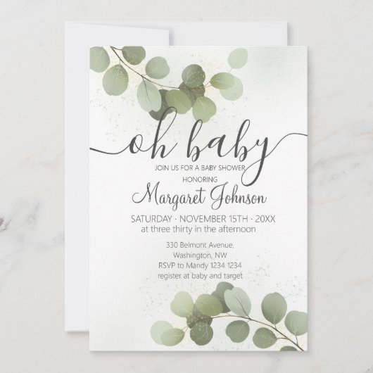 Groene Eucalyptus Baby Shower Uitnodiging (Voorkant)