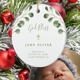 Groene eucalyptus blad baby doop foto  keramisch ornament