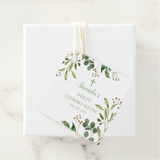 Groene eucalyptus blad eerste heilige communie gun bedankjes labels (In situ)