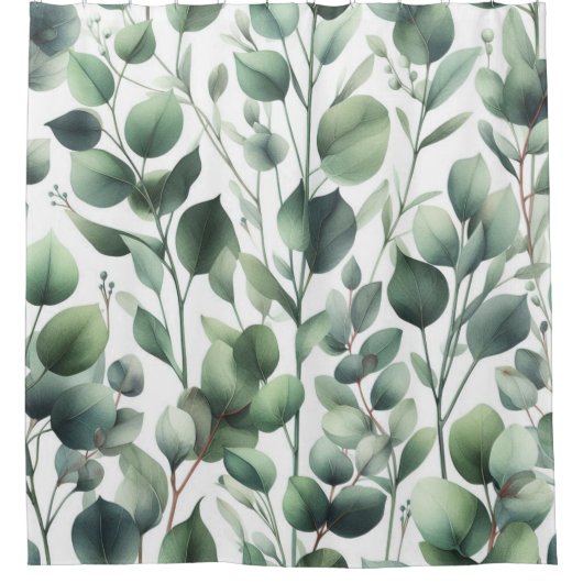 Groene Eucalyptus Bladeren op Witte Douchegordijn (Voorkant)