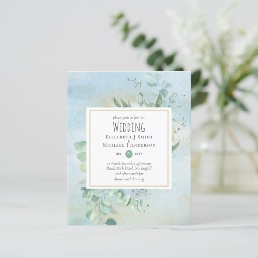 Groene Eucalyptus Blauwe Trouw BUDGET Uitnodiginge (Staand voorkant)