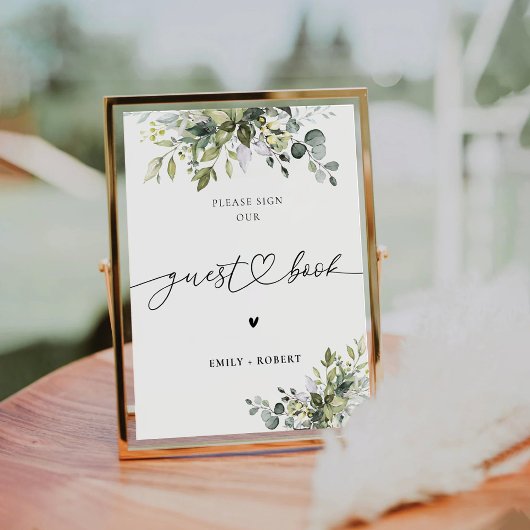 Groene Eucalyptus Bloemen Gastenboek Teken Reclamebord Met Voetstuk