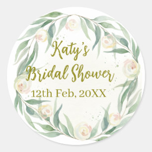Groene eucalyptus bloemige bruidsdouche naam datum ronde sticker